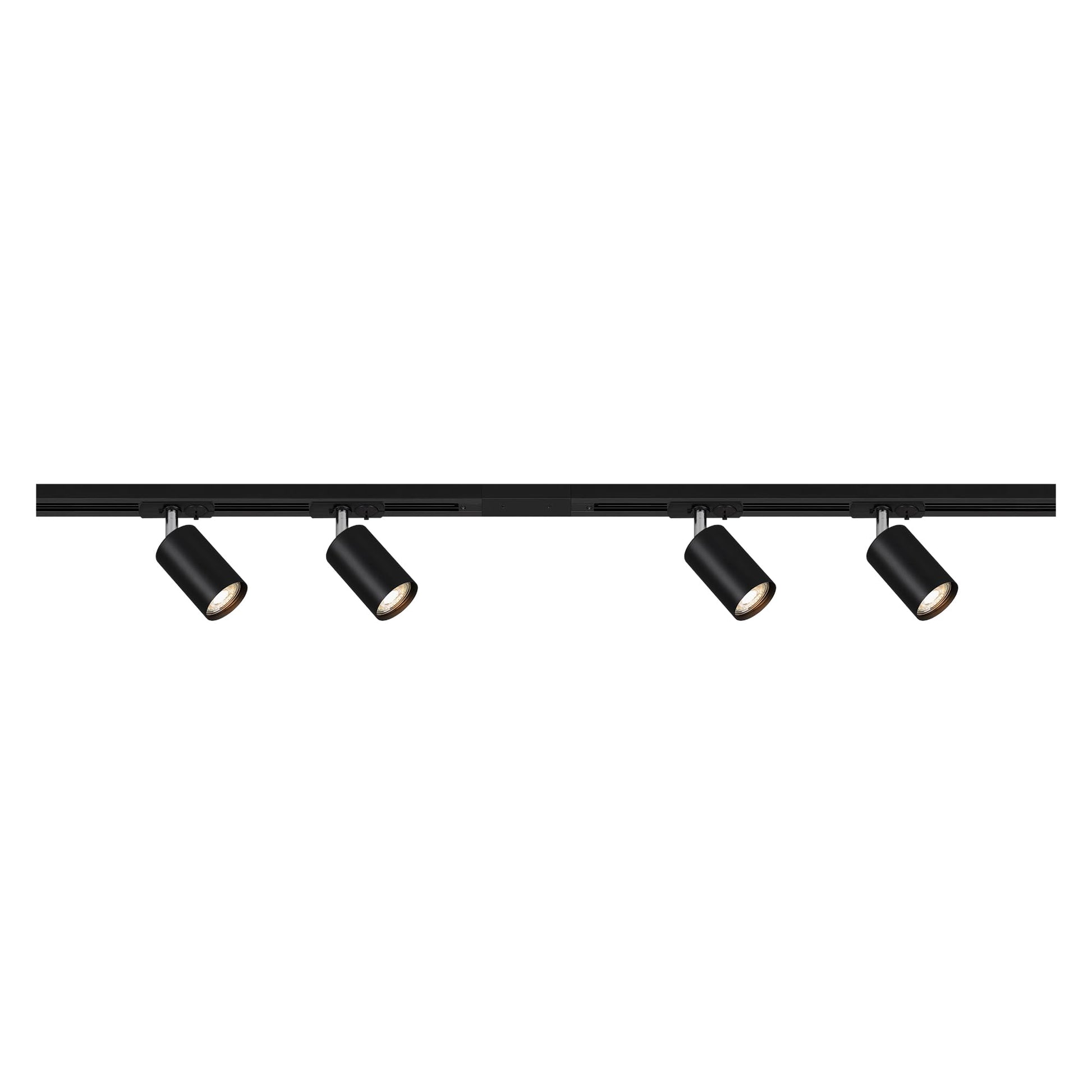 BRILONER Schienensystem Rail Starterset – 4 Spots 1.5m Schwarz. Schwarzes 1.5m Schienensystem mit vier schwenkbaren Spots zur flexiblen, gerichteten Beleuchtung.