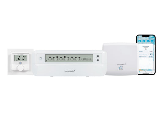 Homematic IP Smart Fussbodenheizung Paket: AP, Controller 12-fach + Thermostat. Weiße Module steuern Fußbodenheizungen smart & effizient.
