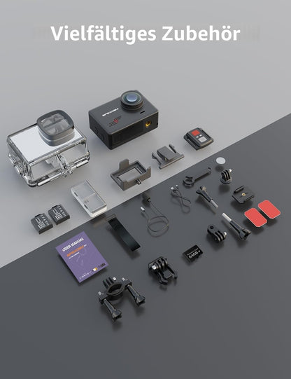 Apexcam M80 Action Cam 4K 60fps 48MP WLAN mit 64GB Karte und Zubehör