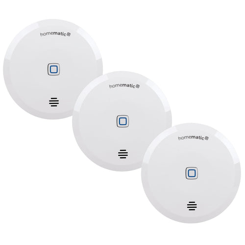 Homematic IP Smart Home 3er-Set Wassersensor, 151694A0. Drei weiße Sensoren mit Metallsonden zur Leckageerkennung.