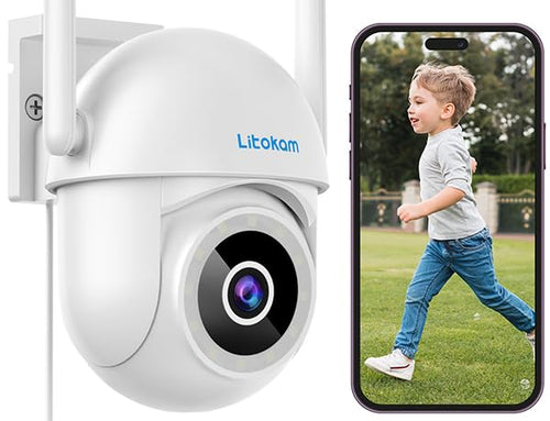 litokam Überwachungskamera Aussen WLAN 360° PTZ 4MP, drehbares Gehäuse zur WLAN-gesteuerten 360°-Außenüberwachung mit 4MP.