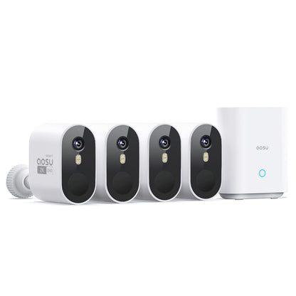 AOSU 2K Überwachungskamera Aussen Set: 4 Akku-Kameras + 32GB Basis