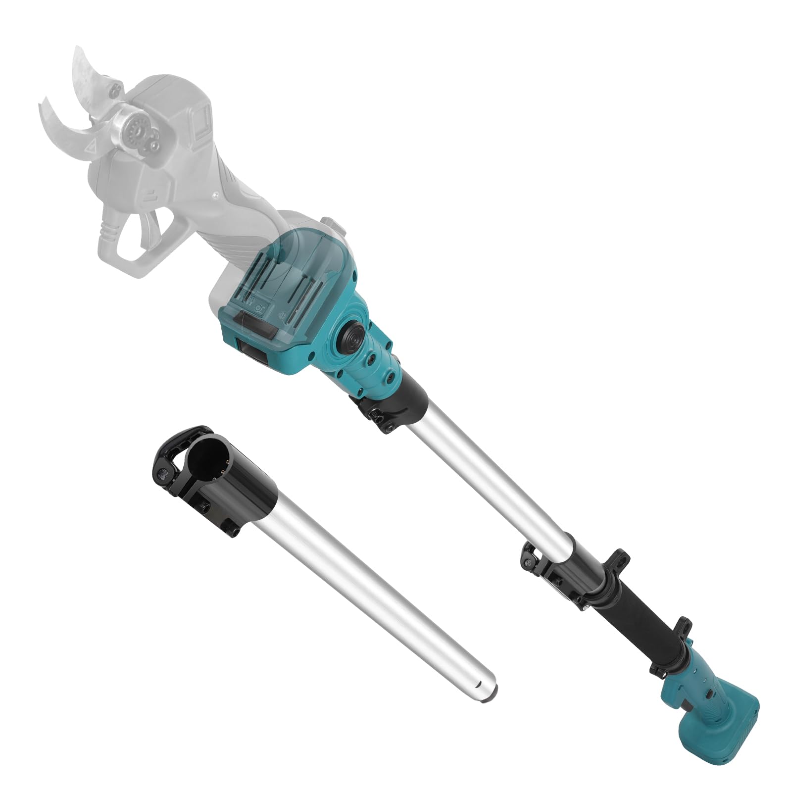 Makita 18V Teleskopstange 2.2M für Gartenschere – 180° drehbar. Blau-schwarze Stange erweitert Reichweite für Baumschnitt.