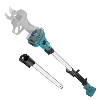 Makita 18V Teleskopstange 2.2M für Gartenschere – 180° drehbar. Blau-schwarze Stange erweitert Reichweite für Baumschnitt.