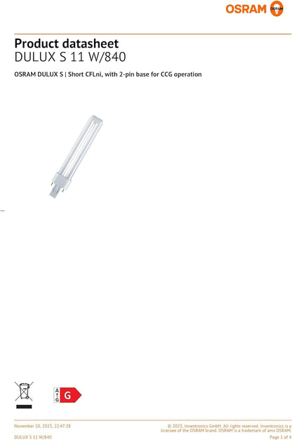 Osram DULUX S Kompaktleuchtstofflampe 11W/840 G23 10 Stück