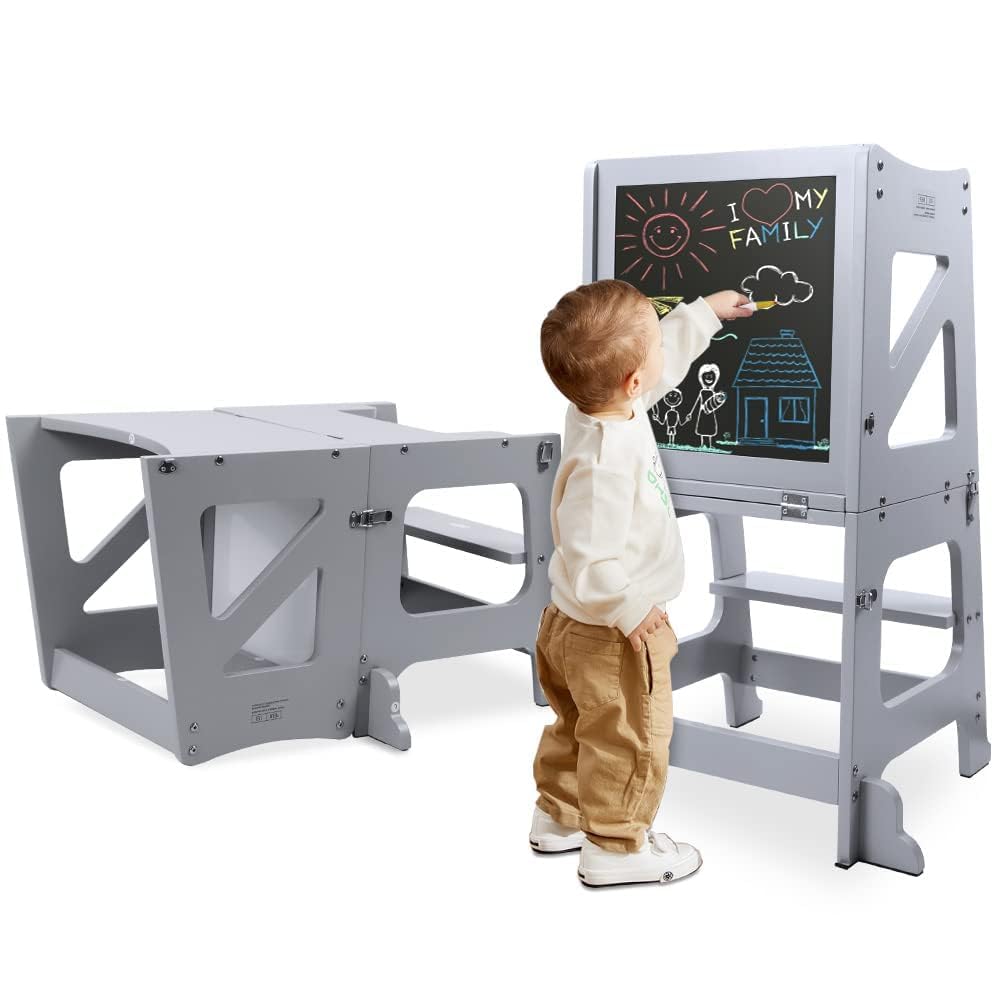 YOLEO 3 in1 Lernturm Montessori Kinderhelfer - Grau. Grauer Multifunktionsturm, wandelbar zu Tisch/Stuhl. Erlaubt Kindern sicheres Erreichen von Arbeitsflächen.