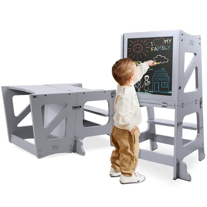 YOLEO 3 in1 Lernturm Montessori Kinderhelfer - Grau. Grauer Multifunktionsturm, wandelbar zu Tisch/Stuhl. Erlaubt Kindern sicheres Erreichen von Arbeitsflächen.