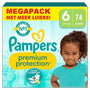 Pampers Premium Protection Windeln Grösse 6 - 74 Stück. Weisse, absorbierende Windeln für Babys, die Flüssigkeit aufnehmen und die Haut trocken halten.