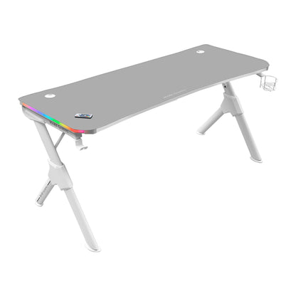 Mars Gaming MGD140RGBW RGB Gaming Tisch – Weiss 140cm. Ein rechteckiger weißer Gaming-Tisch mit integrierter RGB-Beleuchtung für ergonomische Computer-Gaming-Setups.