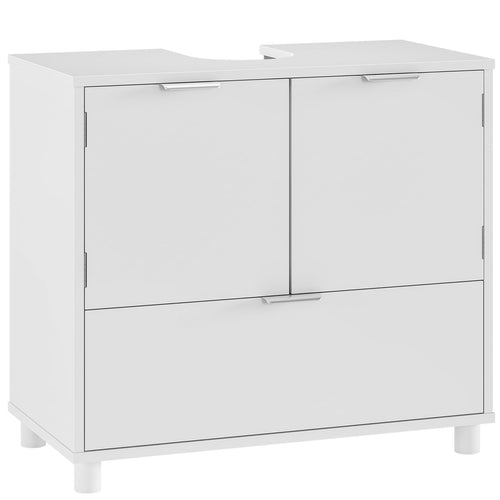 FORABAMB Waschbeckenunterschrank mit 2 Türen, Schublade, weiss, 60 cm – Badschrank aus MDF mit Siphonausschnitt