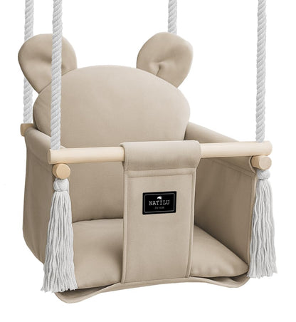 NATILU Bär Light Beige Velvet Babyschaukel - Indoor Outdoor. Hellbeiger, samtiger Schaukelsitz in Bärenform für Babys, drinnen und draußen.