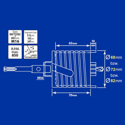 S&R Diamant-Bohrkrone 72 mm SDS-plus Dosensenker für Beton