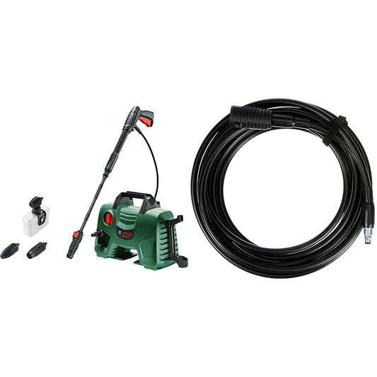 Bosch EasyAquatak Hochdruckreiniger - mit Verlängerungsschlauch: Grün-schwarzes Gerät mit Spritzpistole. Reinigt Oberflächen per Hochdruck.