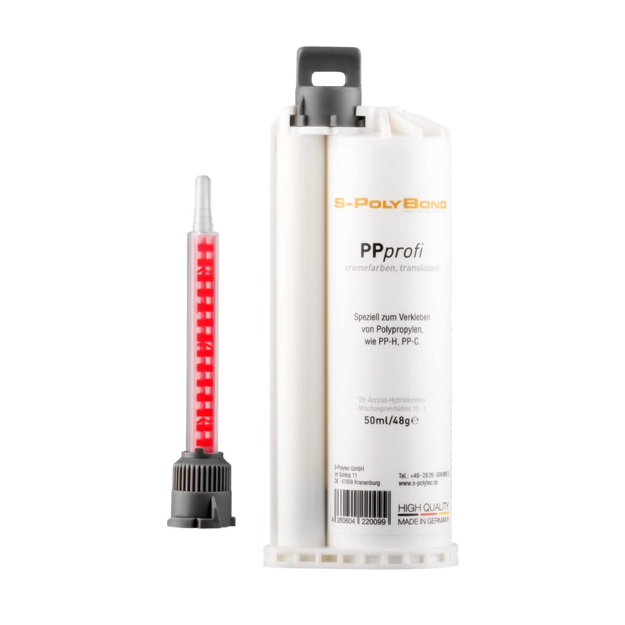 S-PolyBond® 2K PP Kleber - Polypropylen Klebstoff 10: 2K-Kleber (transparent/hellgrau) zum hochfesten Verkleben von Polypropylen.