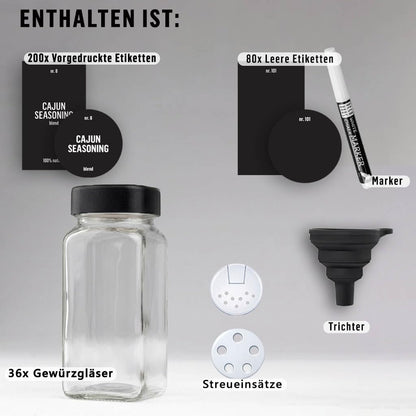 Deco haus Gewürzgläser eckig, 36er Set mit Streueinsatz & Etiketten