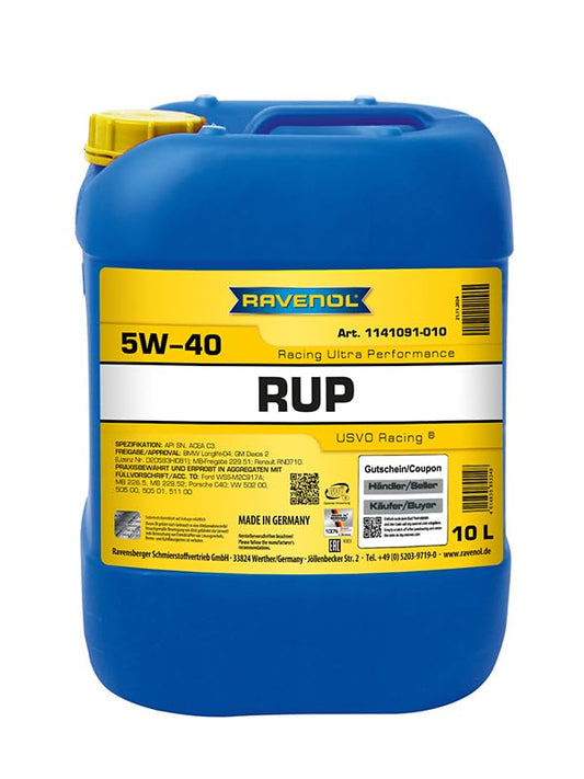 RAVENOL RUP Racing Ultra Performance Motoröl SAE 5W-40. Bernsteinfarbene Synthetik-Flüssigkeit zur Schmierung von Rennsportmotoren.