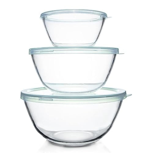 Luvan Glasschüssel-Set mit Deckel, 3-teilig (1 L, 2,5 L, 4,2 L) – rund, Borosilikatglas