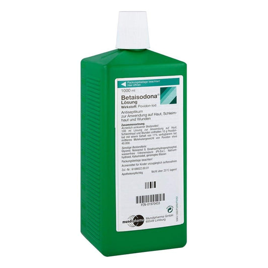 Betaisodona® Lösung Antiseptisch für Wunden - 1000 ml. Braune Flüssigkeit in Flasche zur Desinfektion von Haut und Wunden.