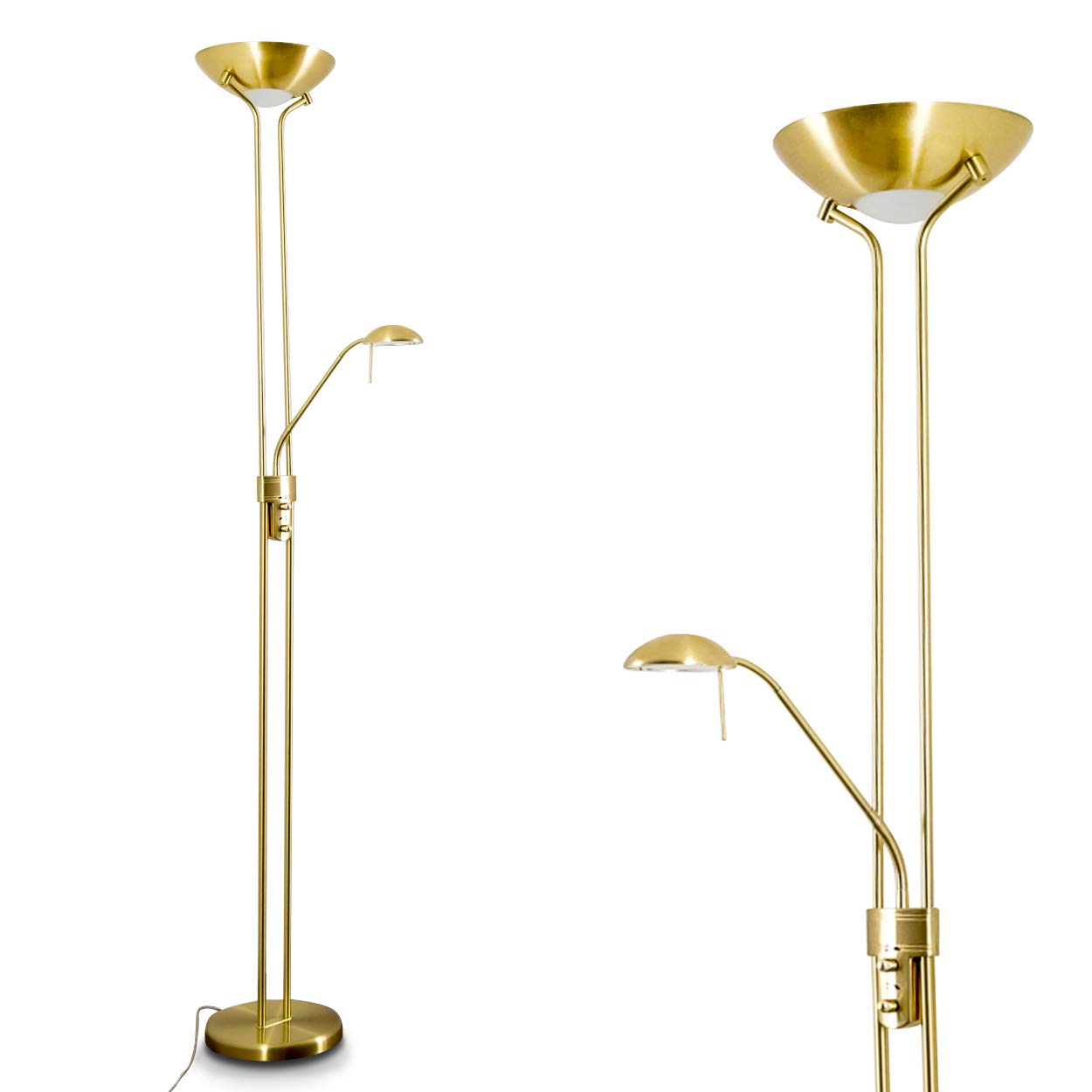 Lumo LED Deckenfluter Rom - Lesearm Messing dimmbar. Messingfarbene Stehleuchte mit Fluter und schwenkbarem Lesearm. Erzeugt Raum- & Leselicht, dimmbar.