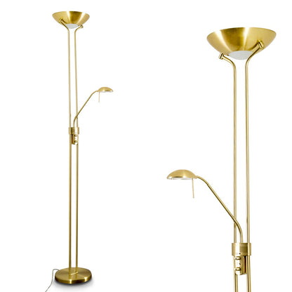 Lumo LED Deckenfluter Rom - Lesearm Messing dimmbar. Messingfarbene Stehleuchte mit Fluter und schwenkbarem Lesearm. Erzeugt Raum- & Leselicht, dimmbar.