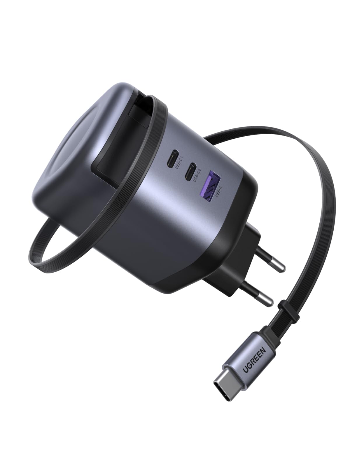 UGREEN Nexode 100W GaN USB-C Ladegerät (4-Port, einziehbares Kabel). Kompaktes, schwarzes Netzteil lädt Notebooks/Mobilgeräte.