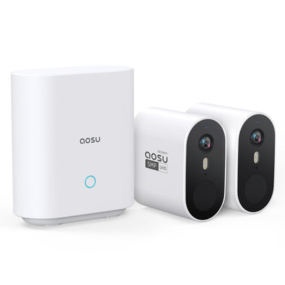 aosu Überwachungskamera Aussen 3K 5MP Akku 2er-Set mit 32GB Basis, zwei kabellose Aussenkameras mit Basisstation