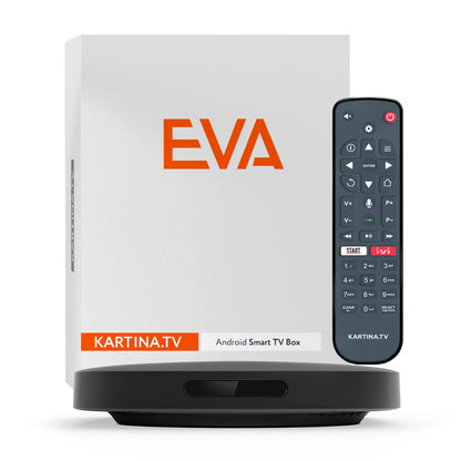 DuneHD Kartina Eva 4K IPTV Receiver mit Bluetooth Fernbedienung. Schwarzes, rechteckiges Gerät. Empfängt 4K IPTV-Signale für TV.