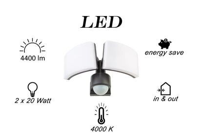 HUBER LED Strahler 2x20W mit 360° Bewegungsmelder Anthrazit