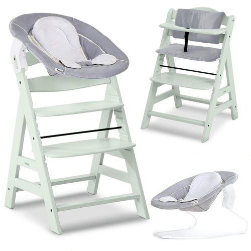 hauck Alpha+ Babyhochstuhl Newborn Set mit Bouncer 2in1, Grau, Holzhochstuhl mit Neugeborenenaufsatz und Sitzpolster