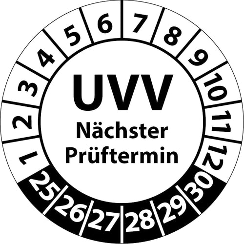 Prüfaufkleber UVV Nächster Prüftermin - 30mm Ø, Weiss, 500 Stk. Er ist rund, weiß und dient zur Kennzeichnung des nächsten UVV-Prüftermins.