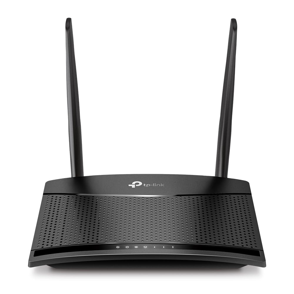 TP-Link TL-MR110 4G LTE WLAN Router mit externen Antennen. Kompakter, weißer Router mit zwei Antennen, der mobiles WLAN über 4G LTE bereitstellt.