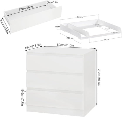 WOLTU Wickelkommode WT010ws mit Wickelaufsatz, 3 Schubladen, weiss