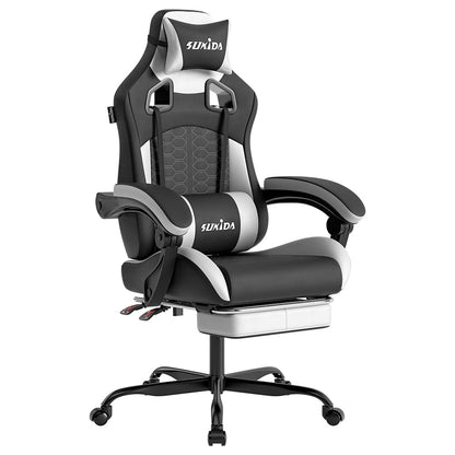 SUKIDA Ergonomischer Gaming Stuhl mit Fussstuetze – Schwarz. Schwarzer hochlehniger Stuhl mit ausziehbarer Fußstütze; optimale ergonomische Unterstützung für lange Sessions.