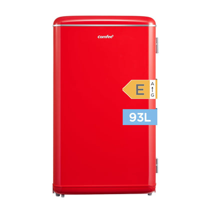 Comfee' RCD93RE2EURT(E) Mini Kühlschrank 93L Retro – Rot. Runder, roter Retro-Kühlschrank zum Kühlen von Getränken und Lebensmitteln.