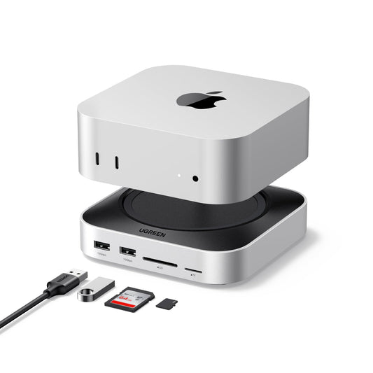 UGREEN Mac mini M4 Dock - DP 4K@240Hz, SSD & Dual-Monitor. Flaches, raumgraues Design. Erweitert Mac mini um SSD und Dual-Monitor.