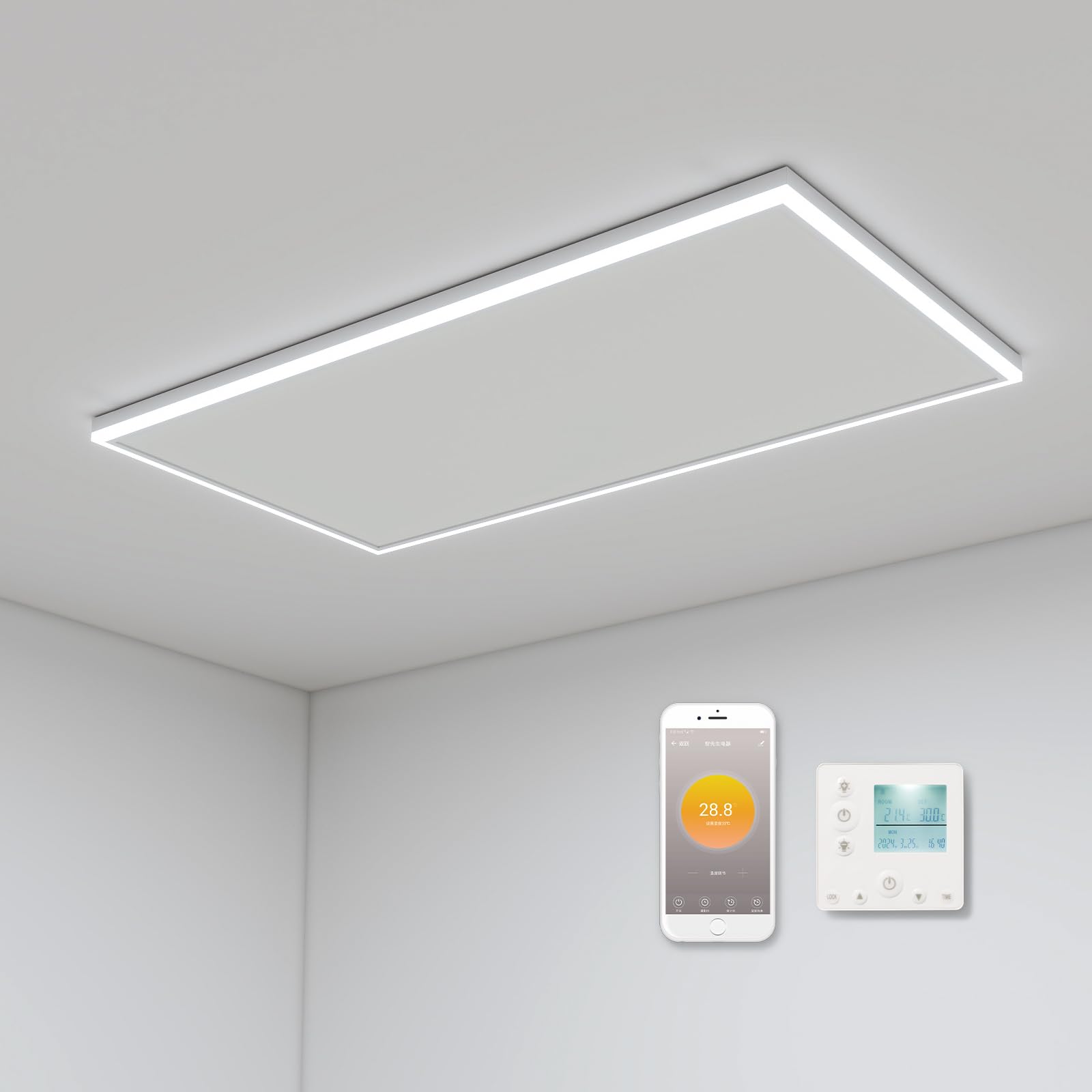 EcoHeat Infrarot Deckenheizung 840W mit LED – 128x63cm. Weißes Rechteckpaneel. Heizt Räume effizient per Infrarot und spendet Licht.