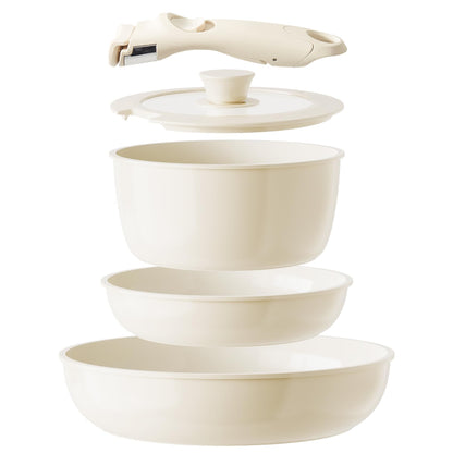 Redchef Keramik Pfannenset mit abnehmbarem Griff, 5-teilig, in Beige mit Glasdeckel