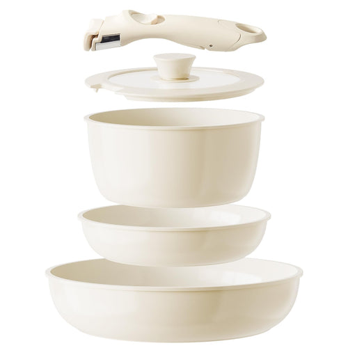 Redchef Keramik Pfannenset mit abnehmbarem Griff, 5-teilig, in Beige mit Glasdeckel