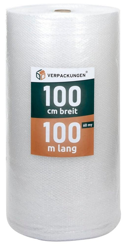 BB-Verpackungen Luftpolsterfolie 1 x 100 m, 60 my, 2-lagig, recycelbar – transparente Folienrolle