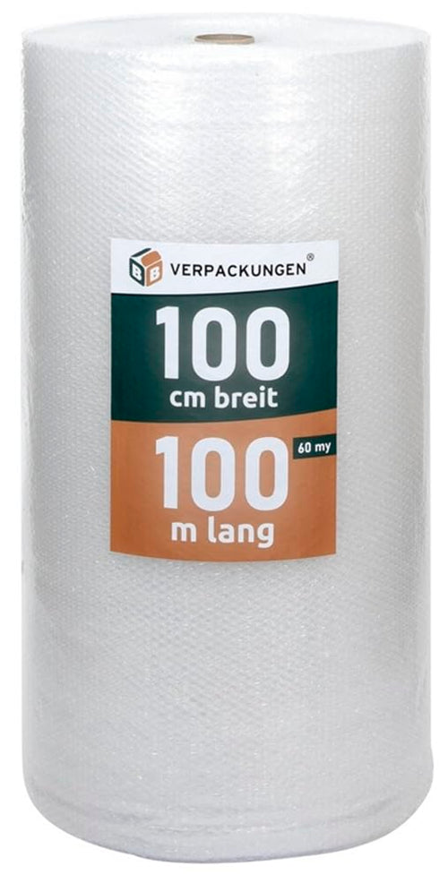 BB-Verpackungen Luftpolsterfolie 1 x 100 m, 60 my, 2-lagig, recycelbar – transparente Folienrolle
