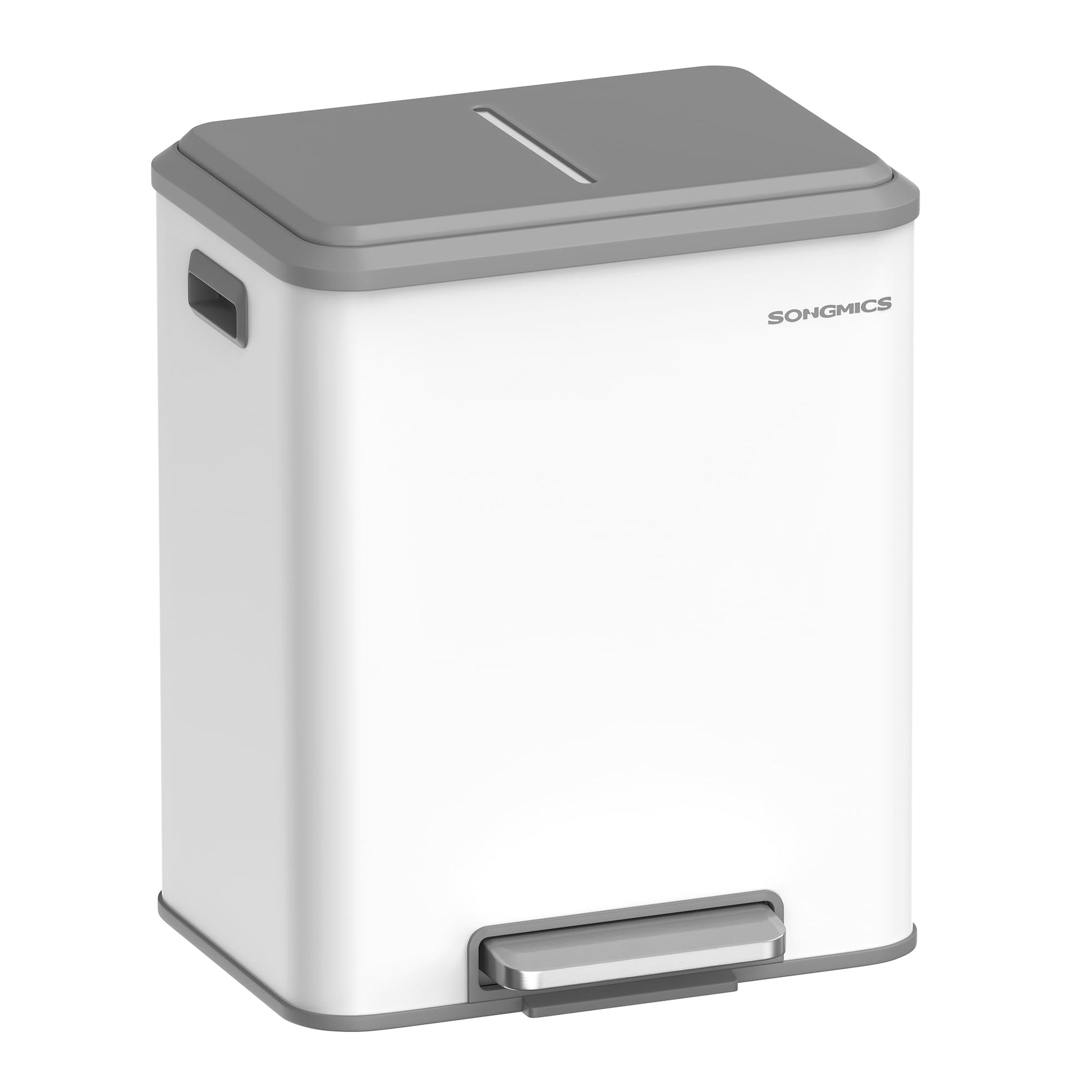 SONGMICS Mülleimer Küche, Mülltrennsystem 2 x 15 L, Softclose-Deckel – Treteimer aus wolkenweissem Stahl