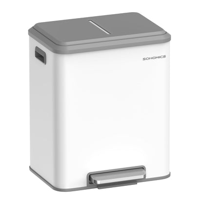 SONGMICS Mülleimer Küche, Mülltrennsystem 2 x 15 L, Softclose-Deckel – Treteimer aus wolkenweissem Stahl