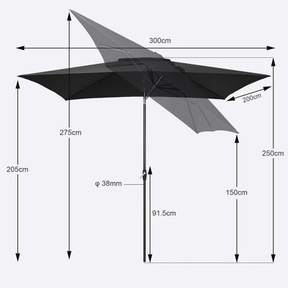 Sekey Sonnenschirm rechteckig 210 x 140 cm Aluminium mit Kurbel Grau