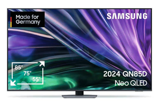 Samsung Neo QLED 4K QN85D UHD TV – 55 Zoll (138 cm), schwarzes, rechteckiges Panel zur hochauflösenden 4K-Videowiedergabe.