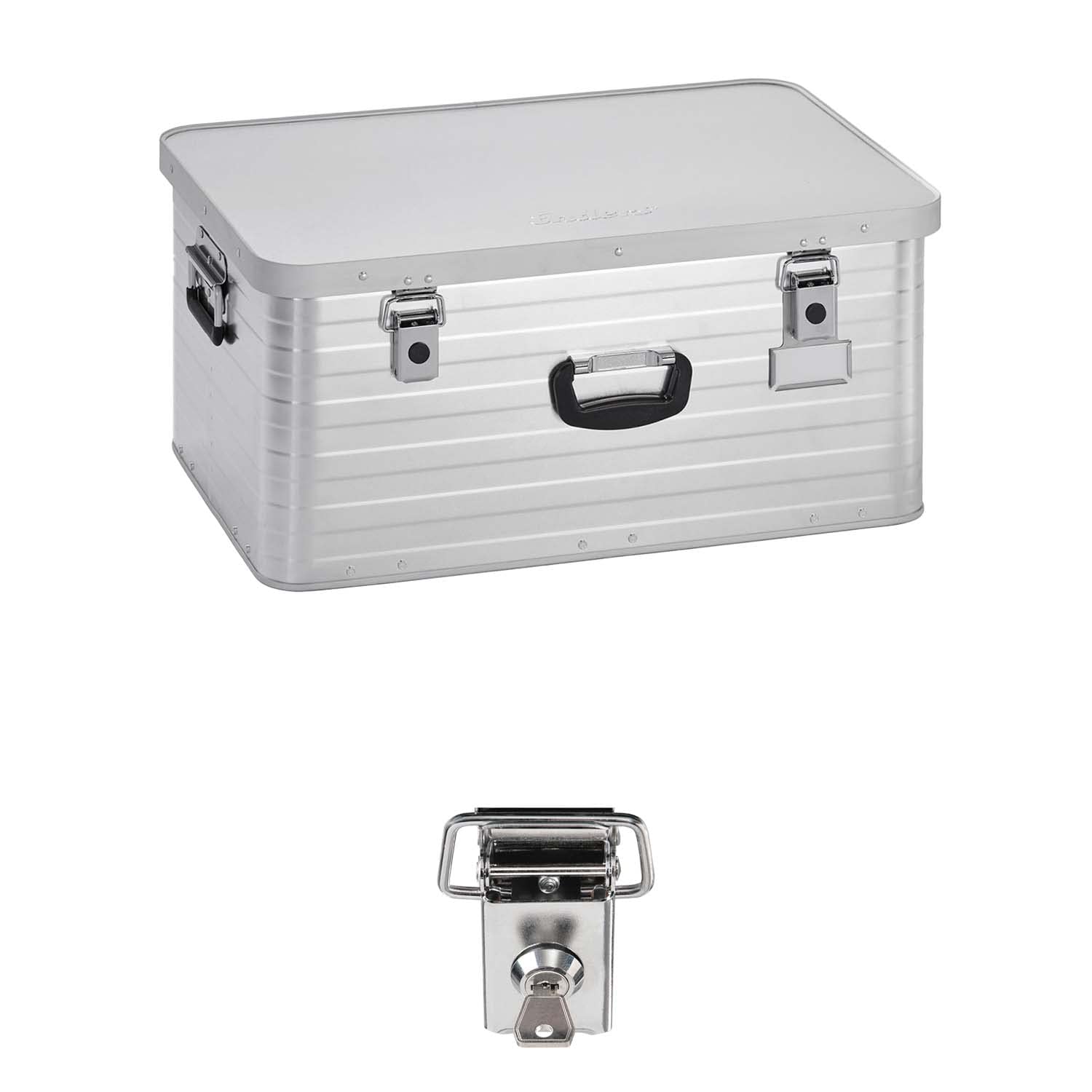 Enders Alubox 80 L Transportkiste – mit Schloss Set. Rechteckige, silberfarbene Aluminiumbox zum sicheren Transport und Aufbewahren.