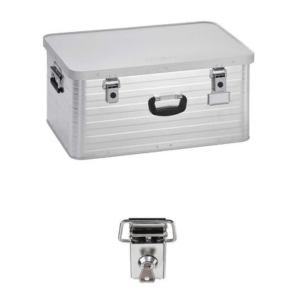 Enders Alubox 80 L Transportkiste – mit Schloss Set. Rechteckige, silberfarbene Aluminiumbox zum sicheren Transport und Aufbewahren.