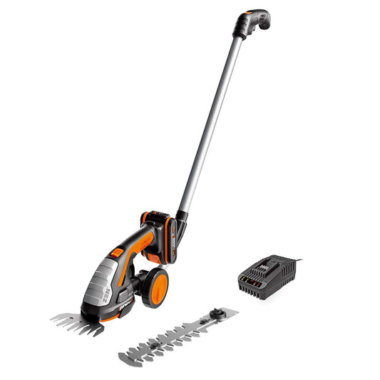 WORX WG801E.3 Akku-Grasschere & Strauchschneider 20V: Orange-schwarzes Gerät für exaktes Rasenkanten trimmen und Formschnitt an Sträuchern.