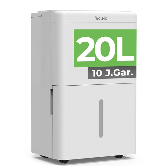 Woleix Luftentfeuchter elektrisch für Räume & Keller – 20L, weiß, kubisch. Entfernt bis zu 20L Feuchtigkeit täglich aus der Raumluft.