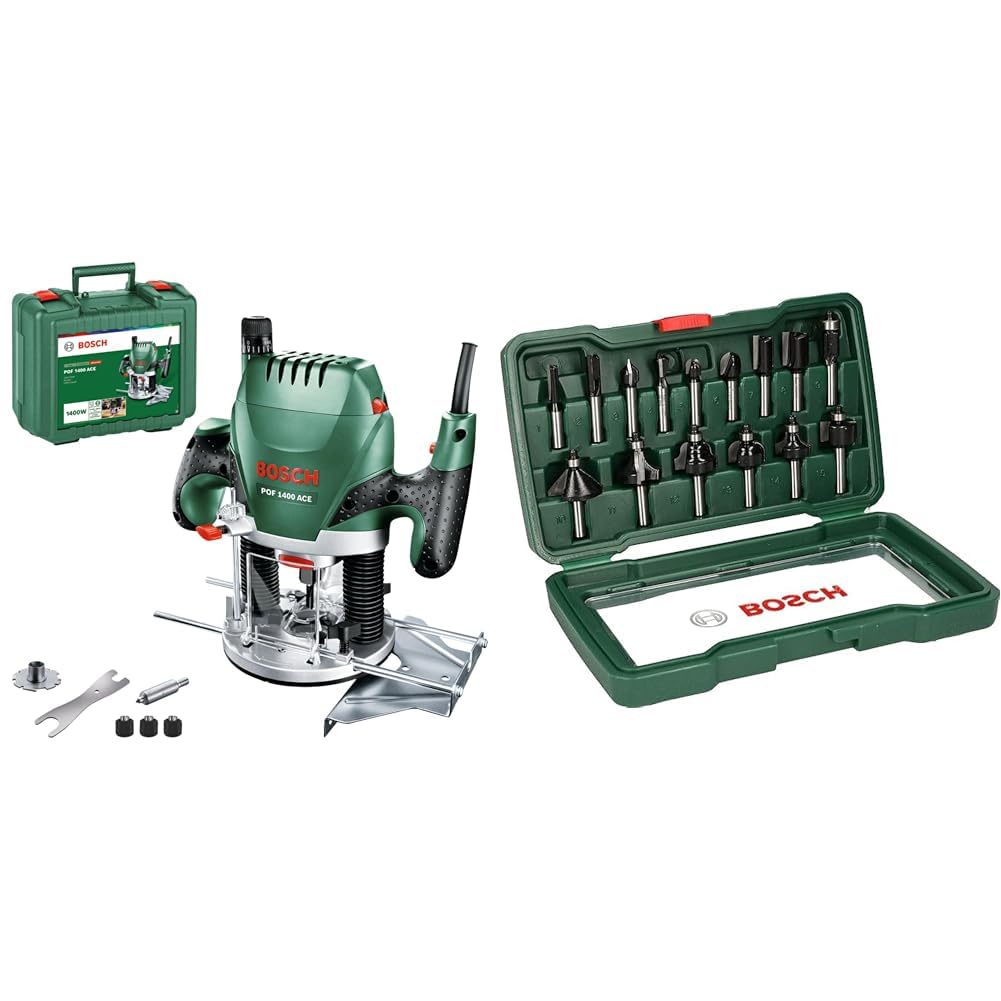 Bosch Oberfräse POF 1400 ACE + 15tlg. Fräser Set Holz 8mm. Grüne/schwarze Oberfräse zum präzisen Fräsen/Profilieren in Holz.