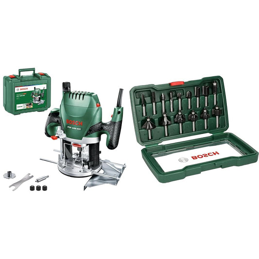 Bosch Oberfräse POF 1400 ACE + 15tlg. Fräser Set Holz 8mm. Grüne/schwarze Oberfräse zum präzisen Fräsen/Profilieren in Holz.